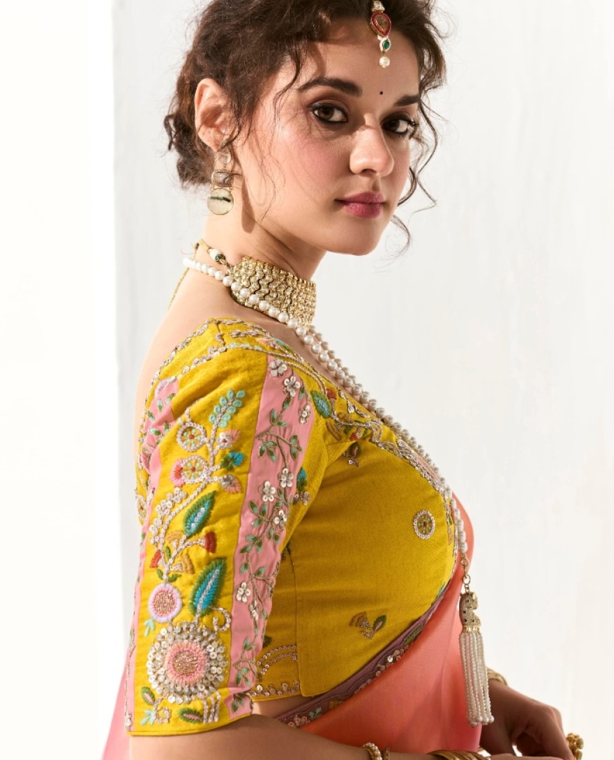 2220 - RAVISHING PEACH & PURPLE SHADED TISSUE SILK BRIDESMAID SAREE WITH BLOUSE